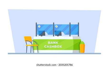 Reception Area With Counter And Computer. Flat Bank Office Vector Workstation. 