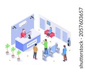 Reception area, isometric illustration with editable facility 