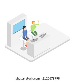 Reception area with two girls sitting on chairs behind laptops. Flat style. Isometric view. 3D. Vector illustration