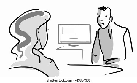 Reception back view. Receptionist talking with guest simple drawing. Black and white vector sketch.