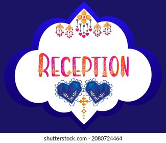 Reception banner. Wedding reception sign board. Marriage label gradient word art sticker. Floral heart and gemstone vector illustration.