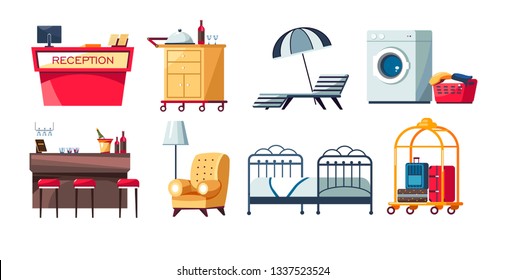 Reception and bar room and laundry pool zone hotel furniture vector receptionist desk and food trolley recliner and washing machine armchair and bed suitcase on cart indoor conveniences motel