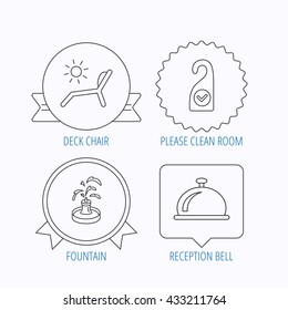 Reception bell, fountain and beach deck chair icons. Clean room linear sign. Award medal, star label and speech bubble designs. Vector