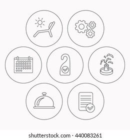 Reception bell, fountain and beach deck chair icons. Clean room linear sign. Check file, calendar and cogwheel icons. Vector