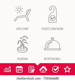 Reception bell, fountain and beach deck chair icons. Clean room linear sign. Edit document, Calendar and Graph chart signs. Star, Check and House web icons. Vector