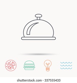 Reception bell icon. Hotel service sign. Global connect network, ocean wave and burger icons. Lightbulb lamp symbol.