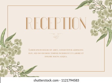 Reception card template with iris and lily of valley on beige background. Text in frame can be used for wedding invitations, postcards, save the date design