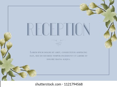 Reception card template with snowdrops and lily on blue background. Text in frame can be used for wedding invitations, postcards, save the date design