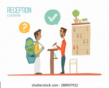 Reception color illustration. Receptionist and guest talking.