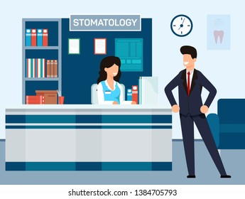 Reception At Dental Clinic Vector Illustration. Man In Suit Came To Dental Clinic. Girl Administrator Smiles At Client. Interior Dental Office, Signboard With Inscription Stomatology.