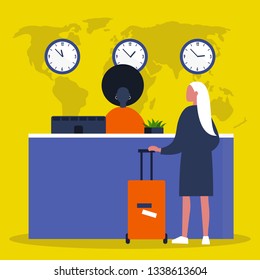The reception desk. Airport check in. Hotel lobby. Service. Flat editable vector illustration, clip art