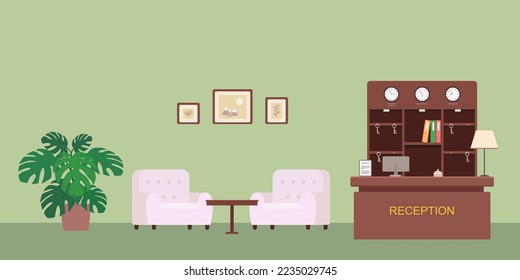 Recepción y sillones en el vestíbulo del hotel. El concepto de interior del hotel. Caricatura de estilo plano. Ilustración del vector