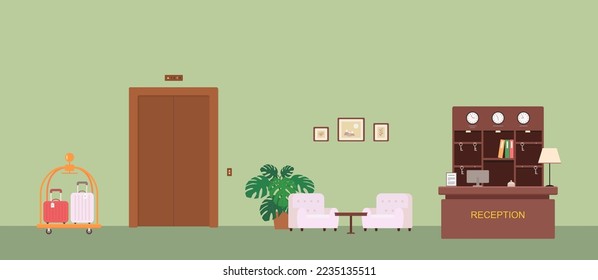 Reception desk and armchairs in lobby of hotel. Hotel interior concept. Cartoon flat style. Vector illustration