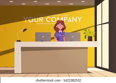 Reception desk. Cartoon vector illustration. Interior design. Young woman receptionist character standing and smiling. 