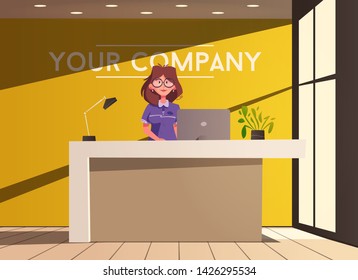 Reception desk. Cartoon vector illustration. Interior design. Young woman receptionist character standing and smiling. 