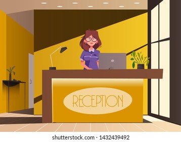 Reception desk. Cartoon vector illustration. Interior design. Young woman receptionist character standing and smiling. 