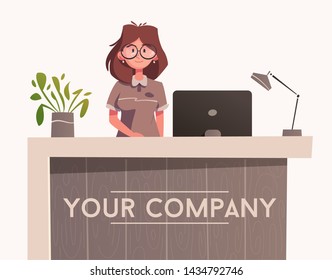 Reception Desk. Cartoon Vector Illustration. Interior Design. Young Woman Receptionist Character Standing And Smiling. 