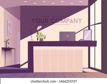 Reception desk. Cartoon vector illustration. Interior design. Lobby of company or hotel