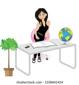 Reception desk. Cartoon vector illustration. Interior design. Young woman receptionist character sitting and smiling.