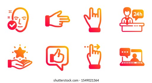 Reception Desk, Click Hand And Loyalty Program Line Icons Set. Like, Touchscreen Gesture And Health Skin Signs. Horns Hand, Friends Chat Symbols. Hotel Service, Direction Finger. People Set. Vector