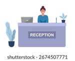 Reception desk with customer at reception on isolated background, Receptionist hotel, vector illustration.