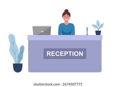 Rezeption mit Kunden an der Rezeption auf isoliertem Hintergrund, Hotel mit Rezeptionistin, Vektorgrafik.