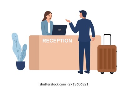 Reception desk with customer at reception on isolated background, Receptionist hotel, vector illustration.