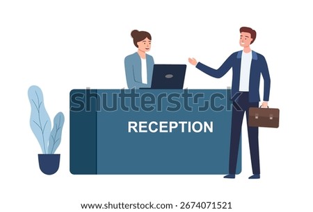 Reception desk with customer at reception on isolated background, Receptionist hotel, vector illustration.