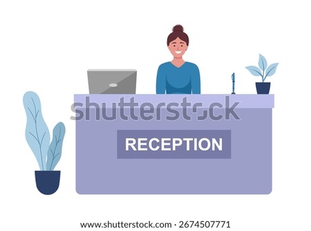 Reception desk with customer at reception on isolated background, Receptionist hotel, vector illustration.