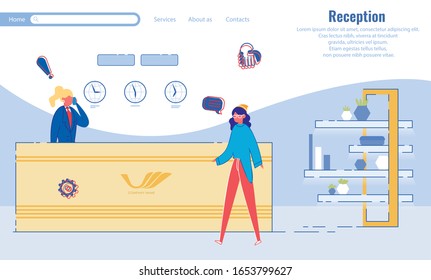 Reception Desk In Entrance Company Hall Interior Background. Business Welcoming and Hospitality with People Cartoon Characters - Receptionist Welcomes Incoming Visitor. Flat Vector Illustration.