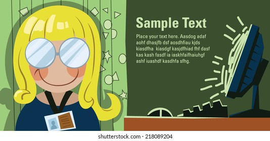 Reception Desk / Girl and Computer/ Vector Illustration