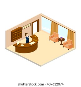 Reception desk at the hotel vector isometric