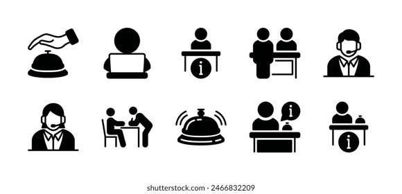 Reception desk icon set. Containing receptionist, hotel bell, customer service, counter, information, registration, reservation, staff, guest, client, assistance, cashier. Vector illustration