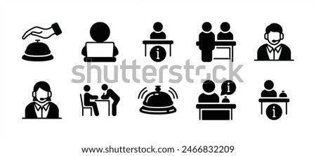 Reception desk icon set. Containing receptionist, hotel bell, customer service, counter, information, registration, reservation, staff, guest, client, assistance, cashier. Vector illustration