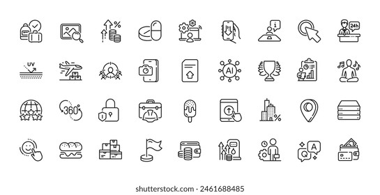 Mochila de iconos de la línea de recepción, Inflation y Report. AI, Pregunta y respuesta, Iconos de pin de mapa. Icono de helado, Trabajo en línea, Web hipotecario. Vector