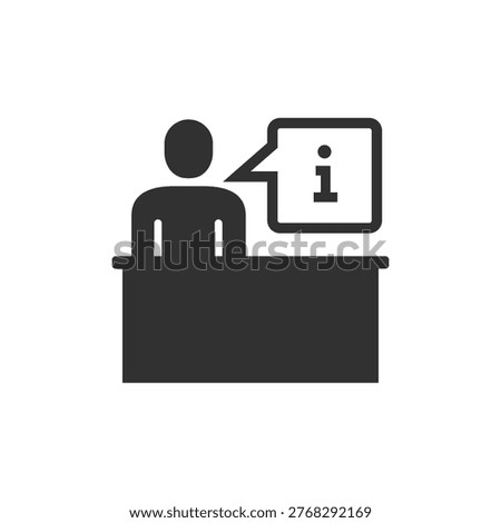 Reception desk with information symbol icon. Customer service and assistance. Monochrome black and white symbol