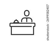 Reception desk, linear icon. Hotel check-in counter or front office service. Line with editable stroke.