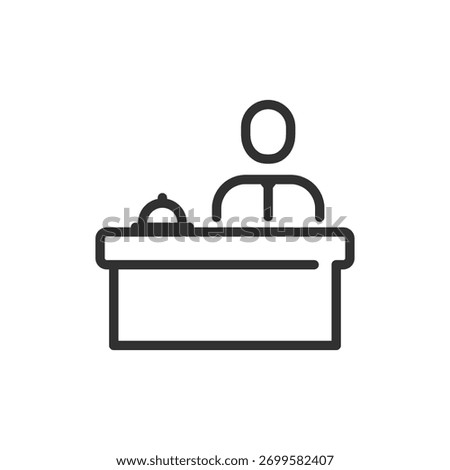 Reception desk, linear icon. Hotel check-in counter or front office service. Line with editable stroke.