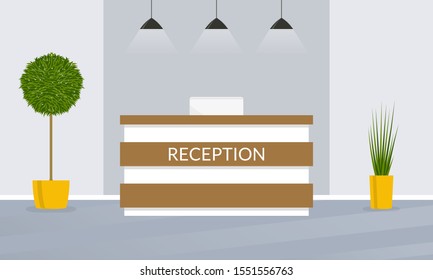 Reception desk. Office, hotel lobby interior design. Vector illustration.