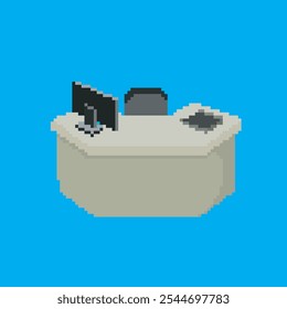 Arte del pixel del escritorio de recepción, Ilustración vectorial en fondo aislado.
