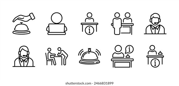 Reception desk thin line icon set. Containing receptionist, hotel bell, customer service, counter, information, registration, reservation, staff, guest, client, assistance, cashier vector illustration