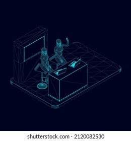 El escritorio de la recepción está enmarcado por un alambre de dos niñas sentadas en sillas detrás de un ordenador portátil, aisladas en un fondo oscuro. Vista isométrica. Ilustración del vector