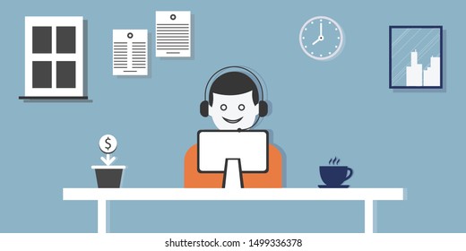 Reception desk with young man. Flat vector illustration on blue background