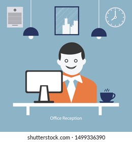 Reception desk with young man. Flat vector illustration on blue background