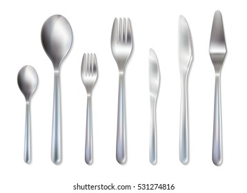 Reception dinner cutlery set with spoons knives and forks for main dish and dessert realistic vector illustration 