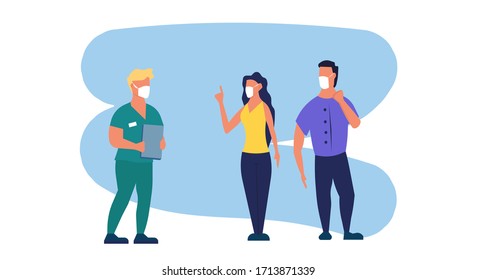 Reception at the doctor person vector flat illustration hospital. Health care patient man and woman character. Waiting consultation specialist visit. Diagnosis illness concept cartoon design. 