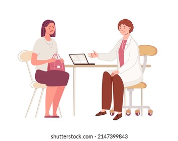 Reception of doctor, therapist, narrow specialist. Woman asked for medical help. Physician consults female patient, diagnoses, prescribes treatment. Vector characters flat cartoon illustration.