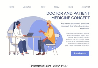 Reception of doctor, therapist, narrow specialist. Young man asked for medical help. Physician consults patient, diagnoses, prescribes treatment.  Landing page. Vector flat cartoon illustration.