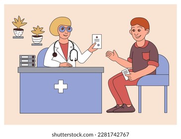 Reception at the doctor. A woman doctor advises a young man - a patient, gives him a prescription. Vector color illustration.