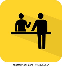 Reception Front Desk Human Figures. Two People Talking By The Table. Stick Avatar Man Women Communication. Black Yellow Vector Illustration. Flat Color. Square Icon.